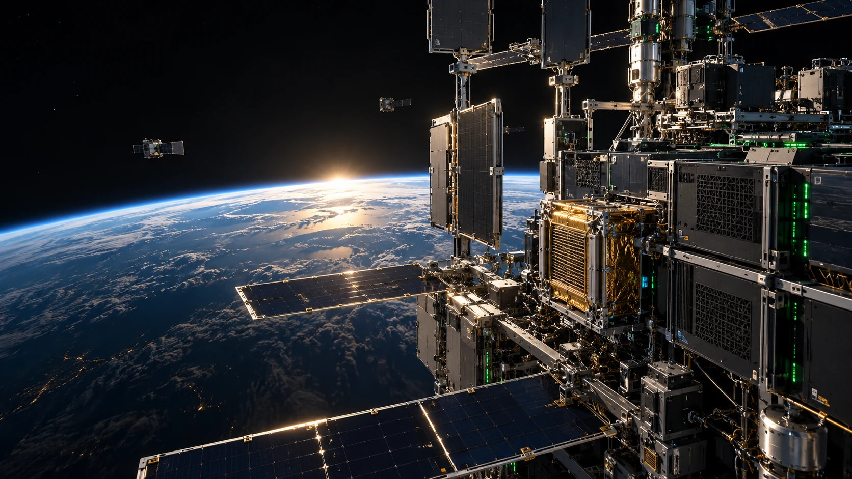 Original concept illustration: Earth at dawn stretches into space on the left, beside a huge modular orbital structure with green lights on the right. Not an operating Borg facility.